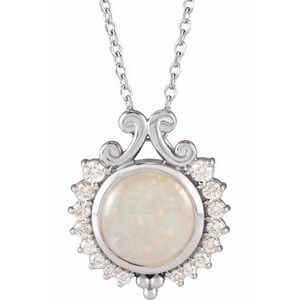 Platinum Natural White Opal & 1/6 CTW Natural Diamond 
 16-18" Necklace