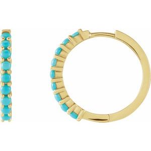 14K Yellow Gold Natural Turquoise Cabochon Hinged 20 mm  Hoop Earrings