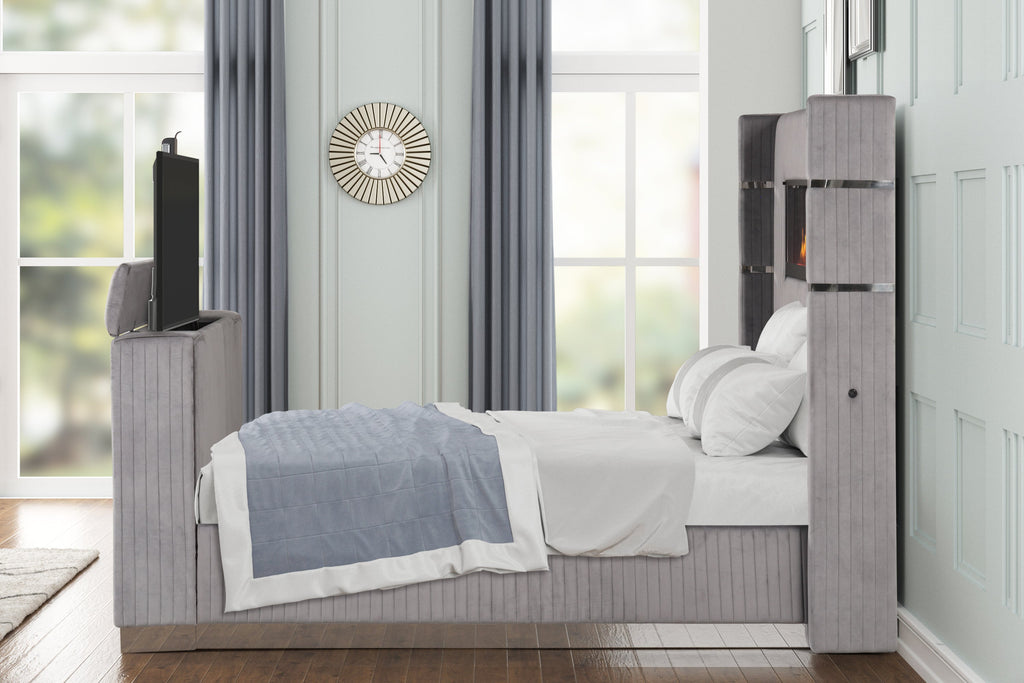Lavish Modern Style 5 Pc King Bedroom Set Made with Fireplace in Headboard & TV stand in Footboard with Wood in Grey(NJ INVENTORY)