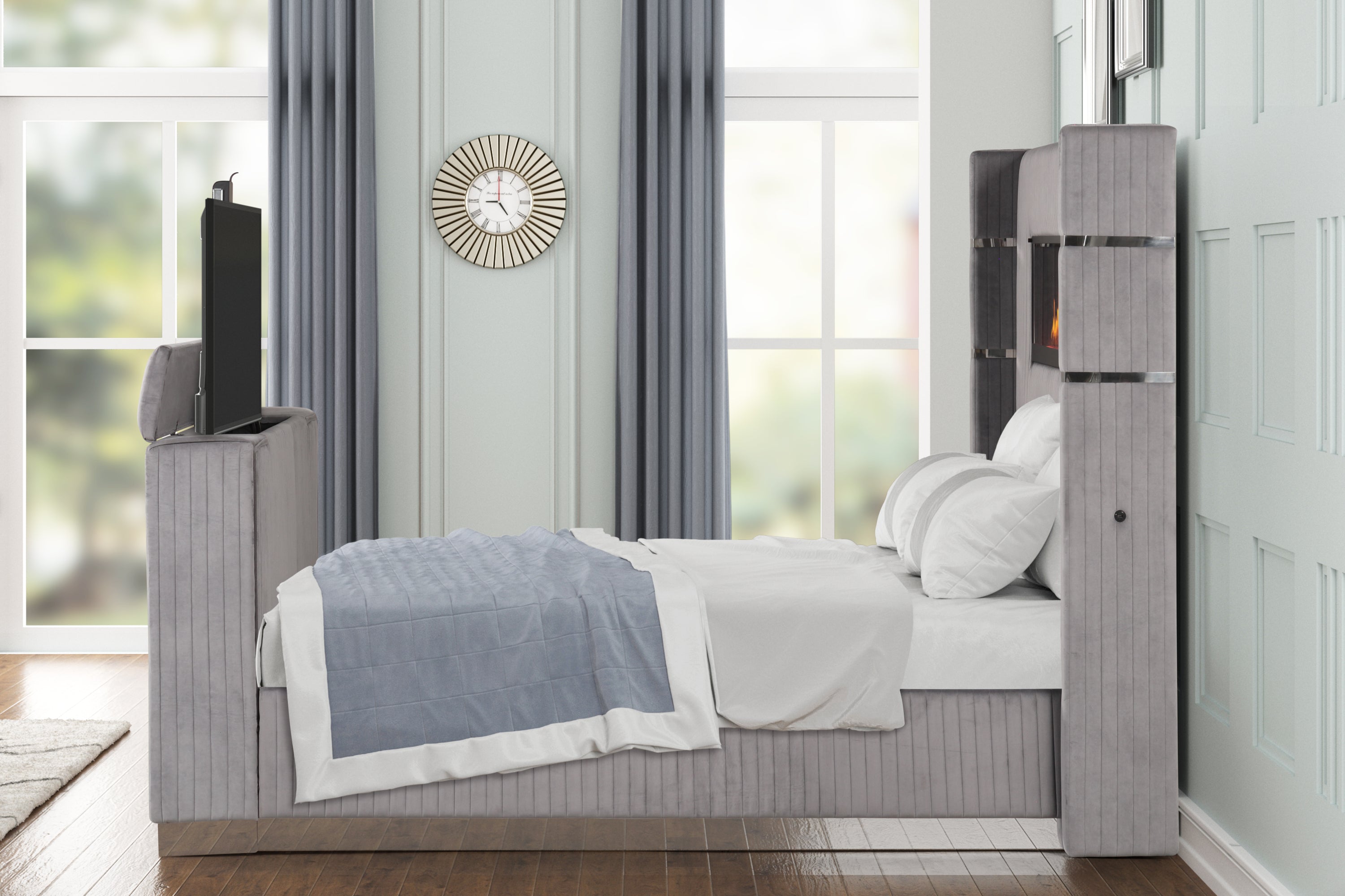 Lavish Modern Style 5 Pc King Bedroom Set Made with Fireplace in Headboard & TV stand in Footboard with Wood in Grey(NJ INVENTORY)