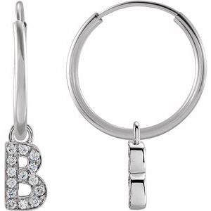 14K White Gold .05 CTW Natural Diamond Single Initial B Hoop Earring