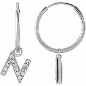 14K White Gold .05 CTW Natural Diamond Single Initial N Hoop Earring