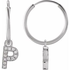 14K White Gold .04 CTW Natural Diamond Single Initial P Hoop Earring