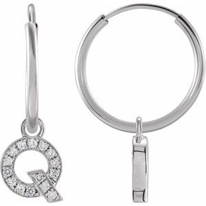 14K White Gold .05 CTW Natural Diamond Single Initial Q Hoop Earring