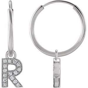 14K White Gold .05 CTW Natural Diamond Single Initial R Hoop Earring