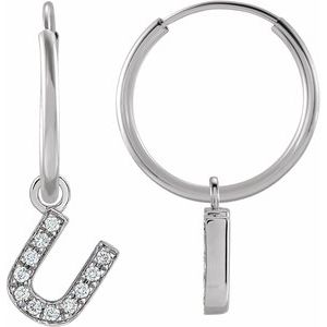 14K White Gold .04 CTW Natural Diamond Single Initial U Hoop Earring