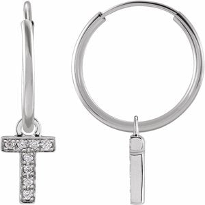 14K White Gold .03 CTW Natural Diamond Single Initial T Hoop Earring
