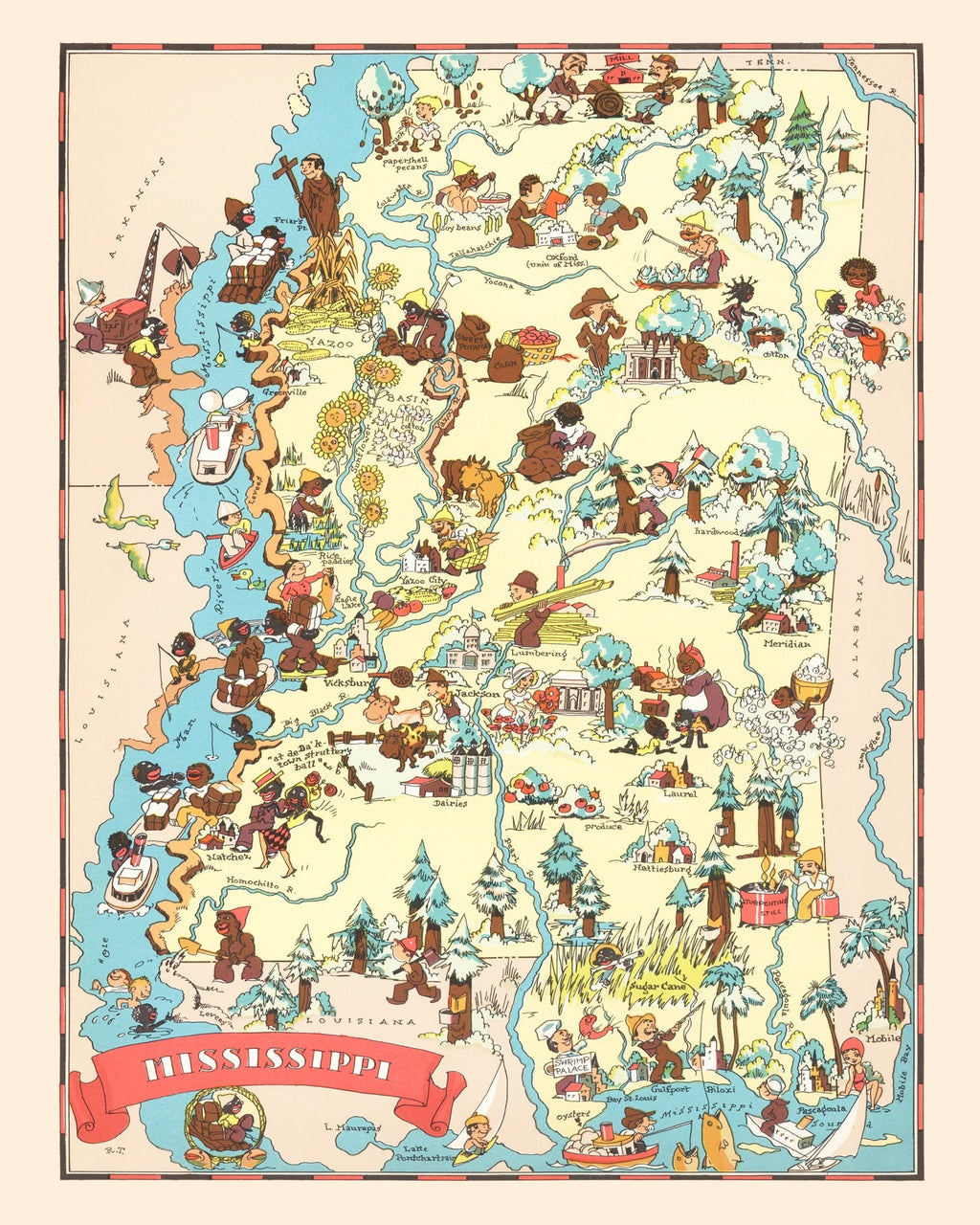 Vintage Map of Mississippi 1935