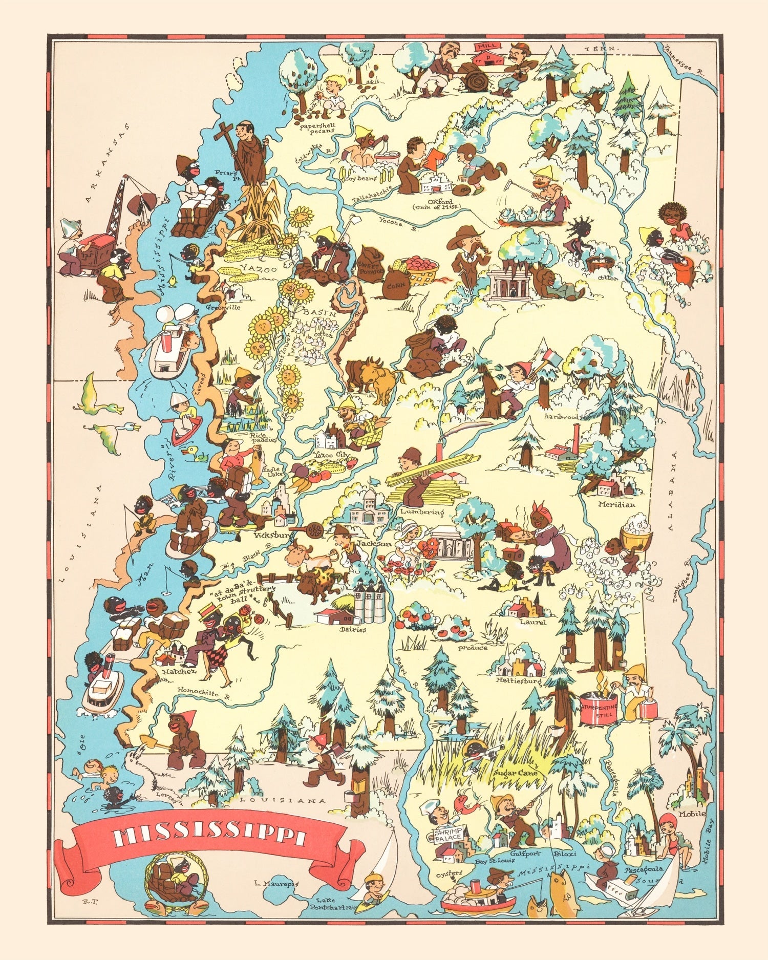 Vintage Map of Mississippi 1935