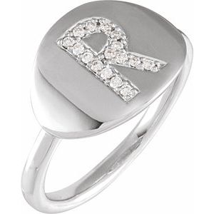 14K White Gold 1/10 CTW Natural Diamond Initial R Signet Ring