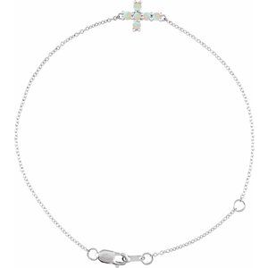 Sterling Silver Natural White Opal Sideways Cross 6 1/2-7 1/2" Bracelet