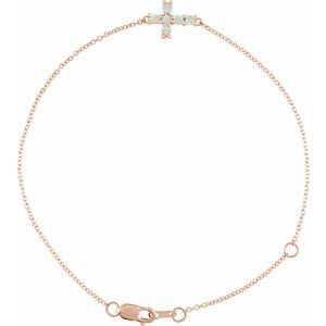 14K Rose Gold Natural White Opal Sideways Cross 6 1/2-7 1/2" Bracelet