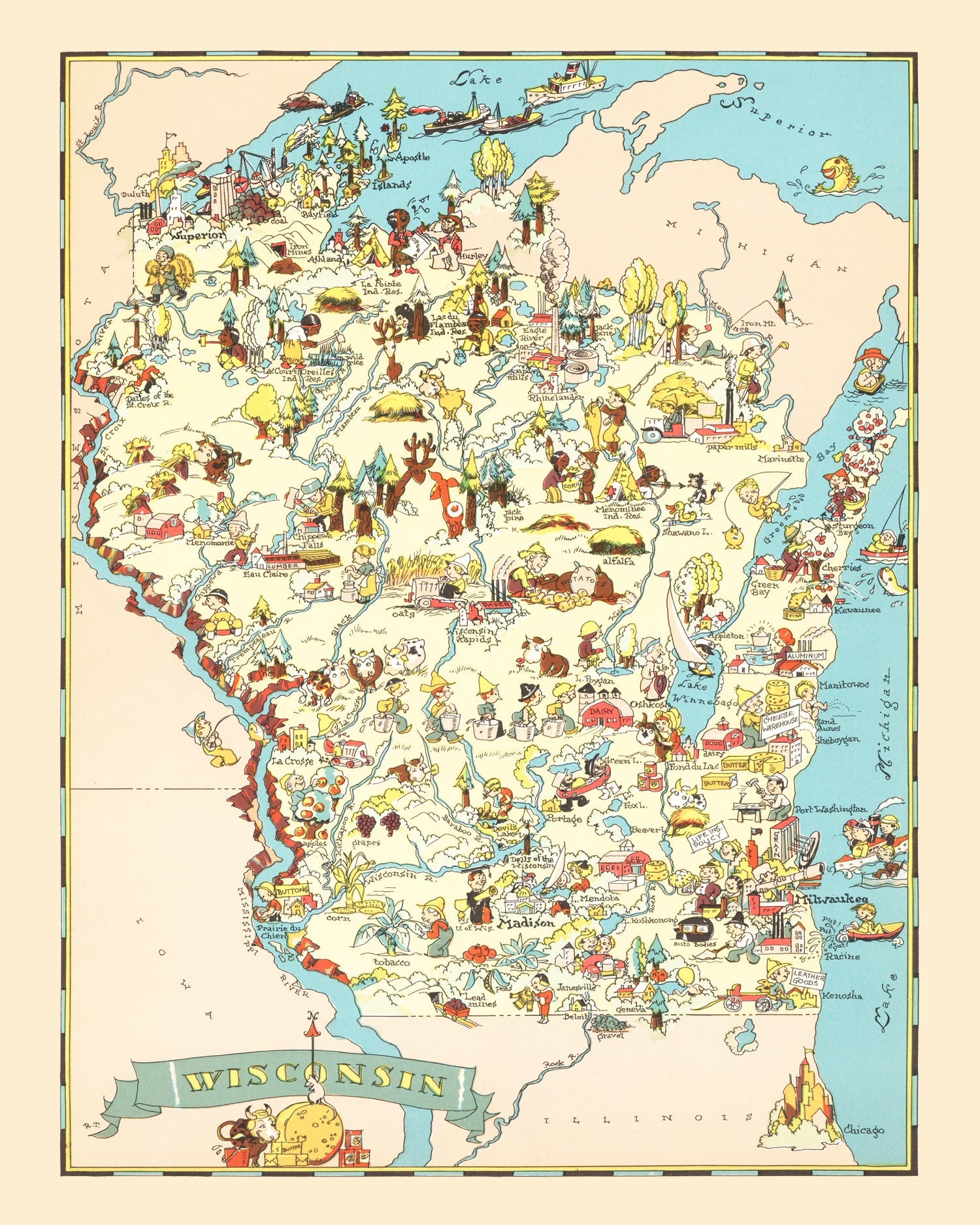 Vintage Map of Wisconsin 1935