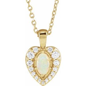 14K Yellow Gold Natural White Opal Cabochon  & 1/8 CTW Natural Diamond 16-18" Necklace