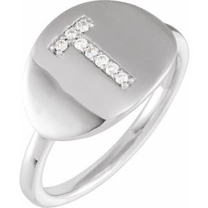 14K White Gold .06 CTW Natural Diamond Initial T Signet Ring