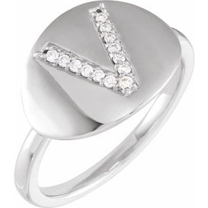 14K White Gold .08 CTW Natural Diamond Initial V Signet Ring