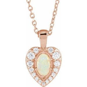 14K Rose Gold Natural White Opal Cabochon  & 1/8 CTW Natural Diamond 16-18" Necklace