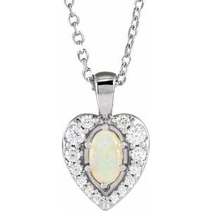 14K White Gold Natural White Opal Cabochon  & 1/8 CTW Natural Diamond 16-18" Necklace