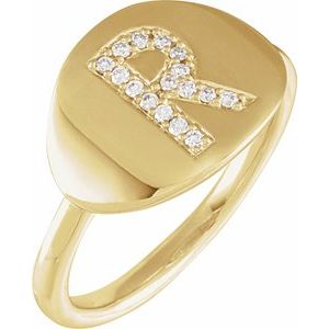 14K Yellow Gold 1/10 CTW Natural Diamond Initial R Signet Ring