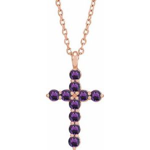 14K Rose Gold Natural Amethyst Cross 16-18" Necklace