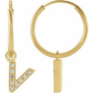 14K Yellow Gold .03 CTW Natural Diamond Single Initial V Hoop Earring