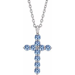 Sterling Silver Natural Aquamarine Cross 16-18" Necklace