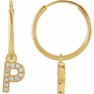 14K Yellow Gold .04 CTW Natural Diamond Single Initial P Hoop Earring