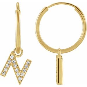 14K Yellow Gold .05 CTW Natural Diamond Single Initial N Hoop Earring