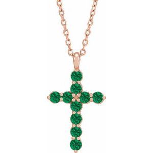 14K Rose Gold Natural Emerald Cross 16-18" Necklace