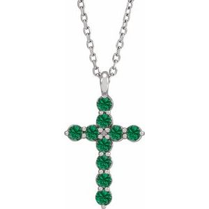 14K White Gold Natural Emerald Cross 16-18" Necklace