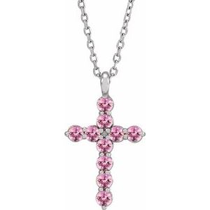 Platinum Natural Pink Tourmaline Cross 16-18" Necklace