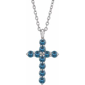 Sterling Silver Natural Blue Zircon Cross 16-18" Necklace