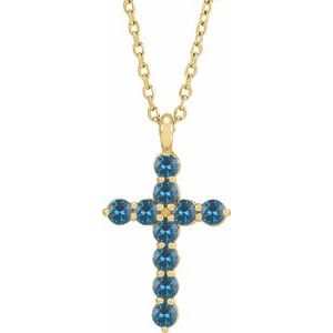 14K Yellow Gold Natural Blue Zircon Cross 16-18" Necklace