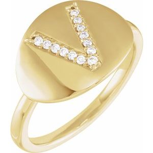 14K Yellow Gold .08 CTW Natural Diamond Initial V Signet Ring