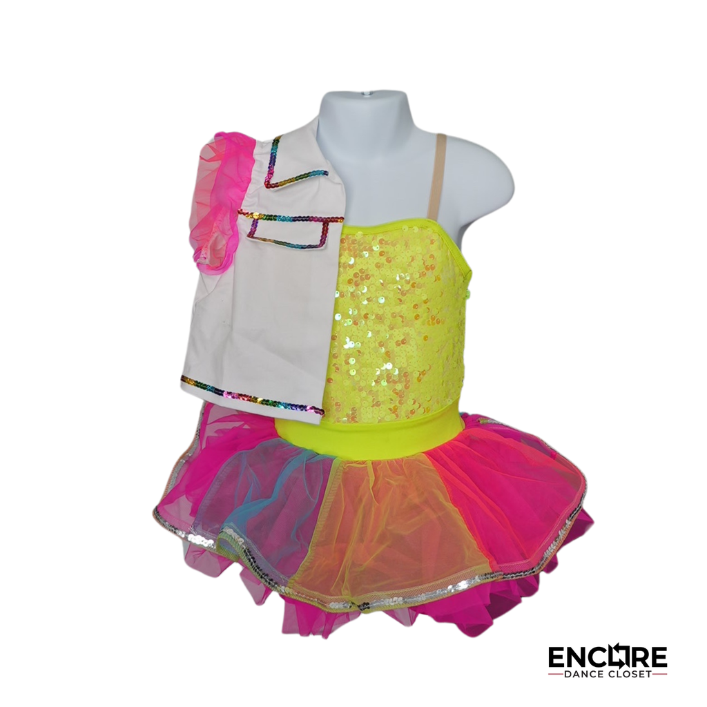 Yellow Sequin Dress with Tutu and White Jacket
