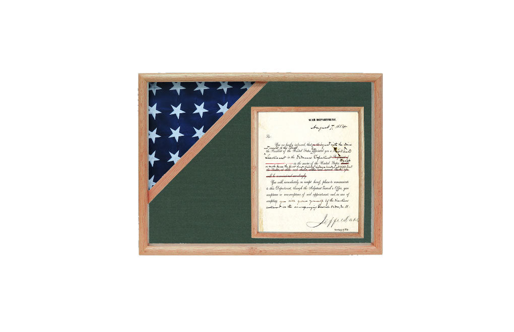 shadow box for 3' x 5' flag with 8.5 x 11 Document holder, Oak Finish