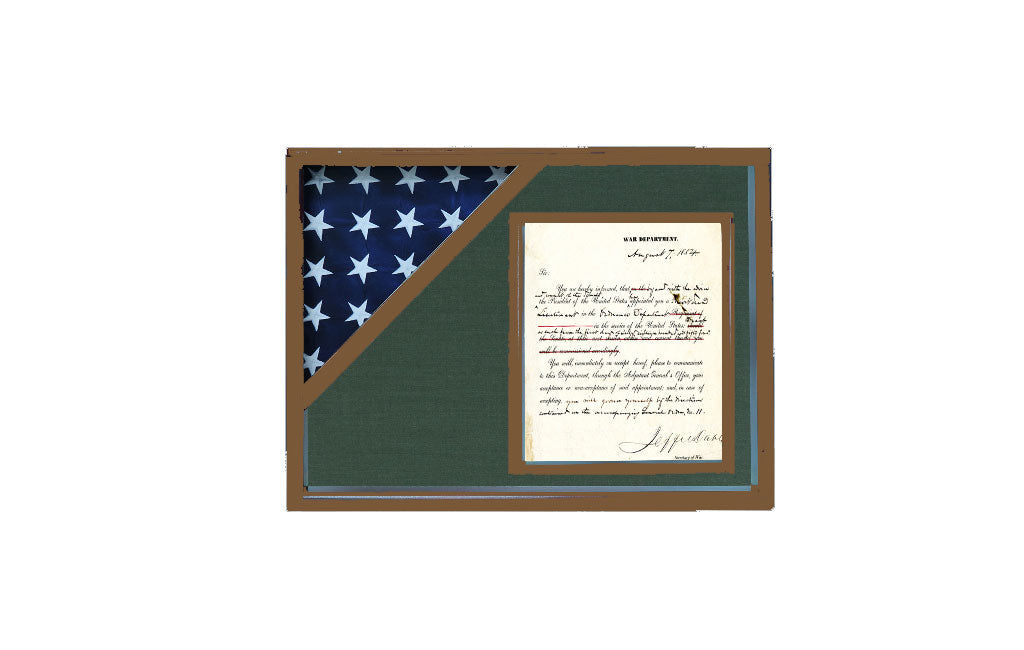 Shadow box for 3' x 5' flag with 8.5 x 11 Document holder, cherry Finish