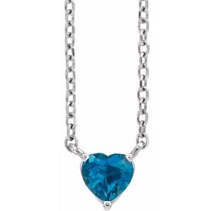 14K White Gold Natural London Blue Topaz Heart 16-18" Necklace