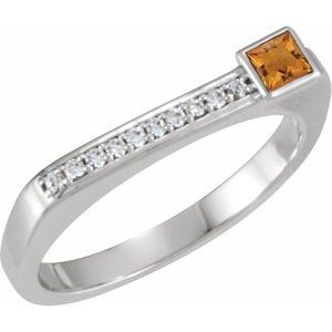 14K White Gold Natural Citrine & .07 CTW Natural Diamond Stackable Ring