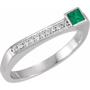 14K White Gold Natural Emerald & .07 CTW Natural Diamond Stackable Ring