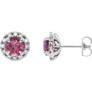 14K White Gold 5 mm Natural Pink Tourmaline & 1/3 CTW Natural Diamond Halo-Style Earrings