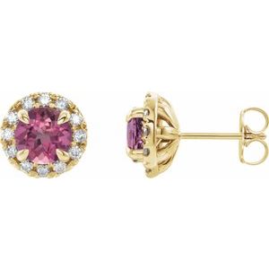 14K Yellow Gold 4 mm Natural Pink Tourmaline & 1/5 CTW Natural Diamond Halo-Style Earrings