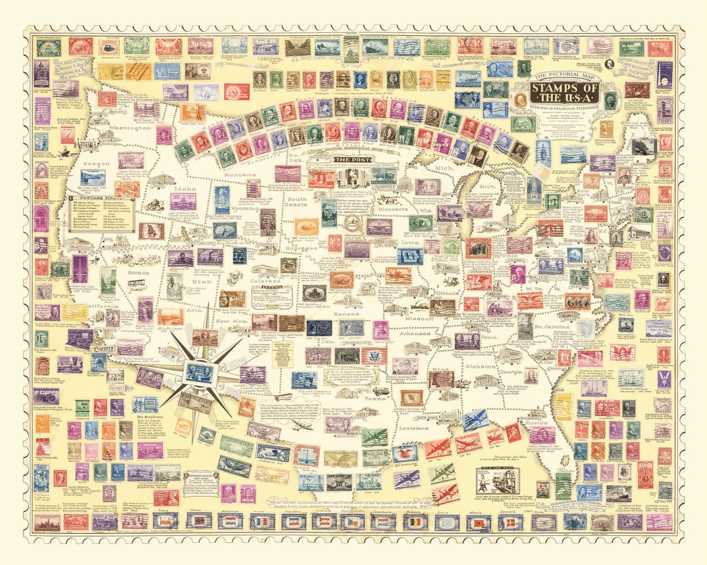 Vintage Map of United States Map of Stamps, 1947