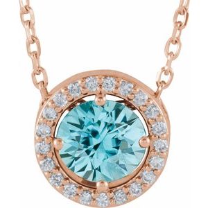 14K Rose Gold Natural Blue Zircon & .05 CTW Natural Diamond Halo-Style 16" Necklace