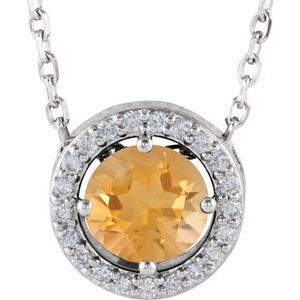 14K White Gold Natural Citrine & .05 CTW Natural Diamond Halo-Style 16" Necklace