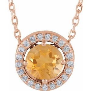14K Rose Gold Natural Citrine & .05 CTW Natural Diamond Halo-Style 16" Necklace