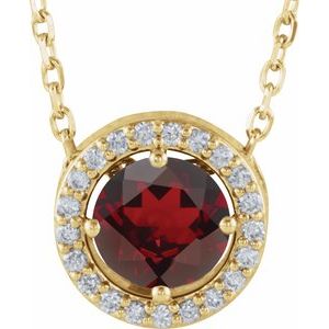 14K Yellow Gold Natural Mozambique Garnet & .05 CTW Natural Diamond Halo-Style 16" Necklace