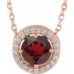 14K Rose Gold Natural Mozambique Garnet & .05 CTW Natural Diamond Halo-Style 16" Necklace