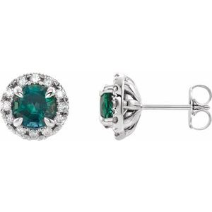 14K White Gold 5 mm Lab-Grown Emerald & 1/3 CTW Natural Diamond Halo-Style Earrings