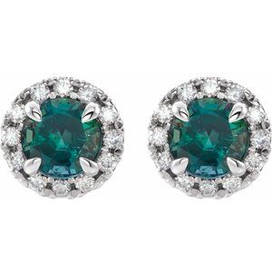 14K White Gold 5 mm Lab-Grown Emerald & 1/3 CTW Natural Diamond Halo-Style Earrings – image 2